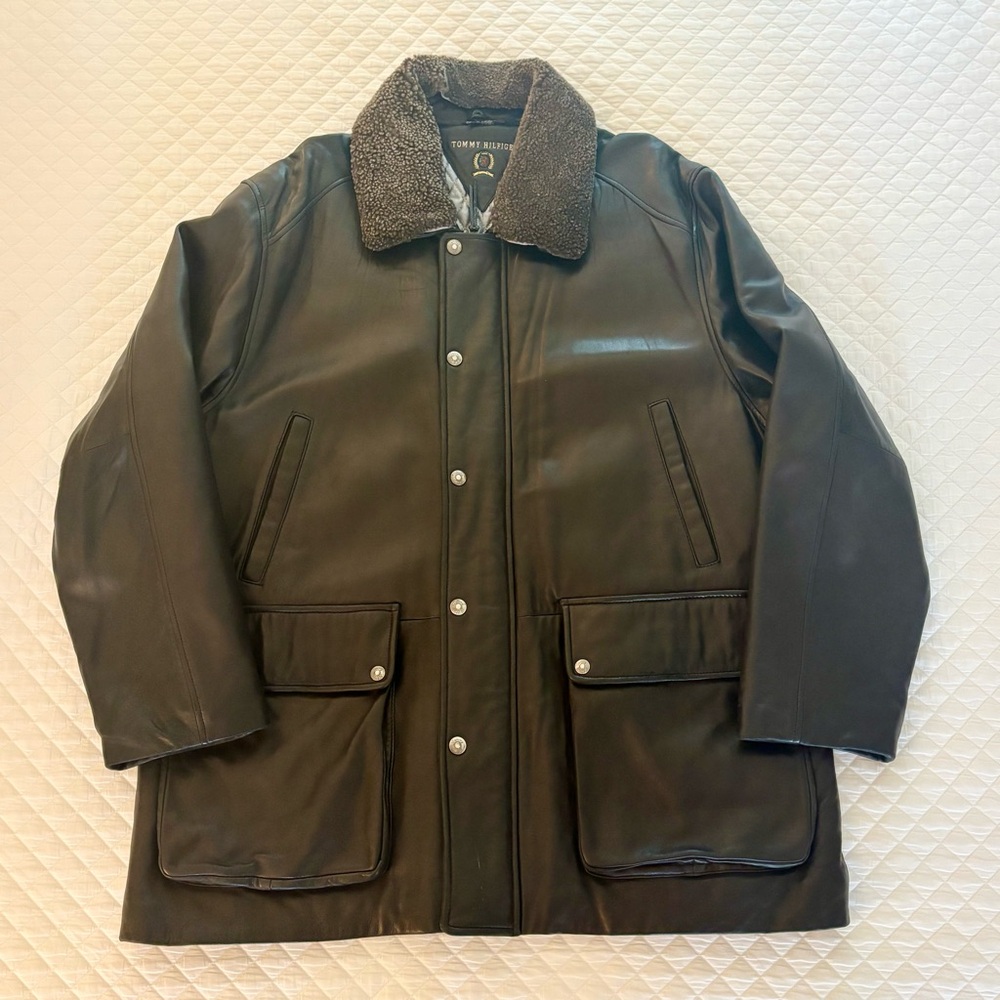 Vintage Tommy Hilfiger Black Leather Bomber Jacket Coat Shearling Collar Mens XL - Picture 2 of 16